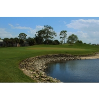 Water guards the green on the par-5 second hole of the South nine at Spanish Wells Golf and Country Club in Bonita Springs, Fla.