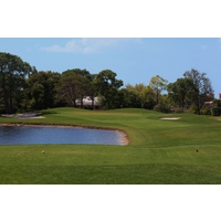 The par-3 fourth on the South nine at Spanish Wells Golf and Country Club is water logged.