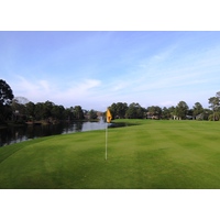 Water down the right side adds to the difficulty of the par-3 sixth at Burnt Pine Golf Club in Destin, Florida.