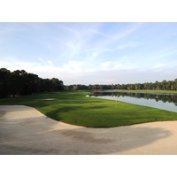 Water off the tee and on the approach make the ninth at Burnt Pine Golf Club scenic and challenging.